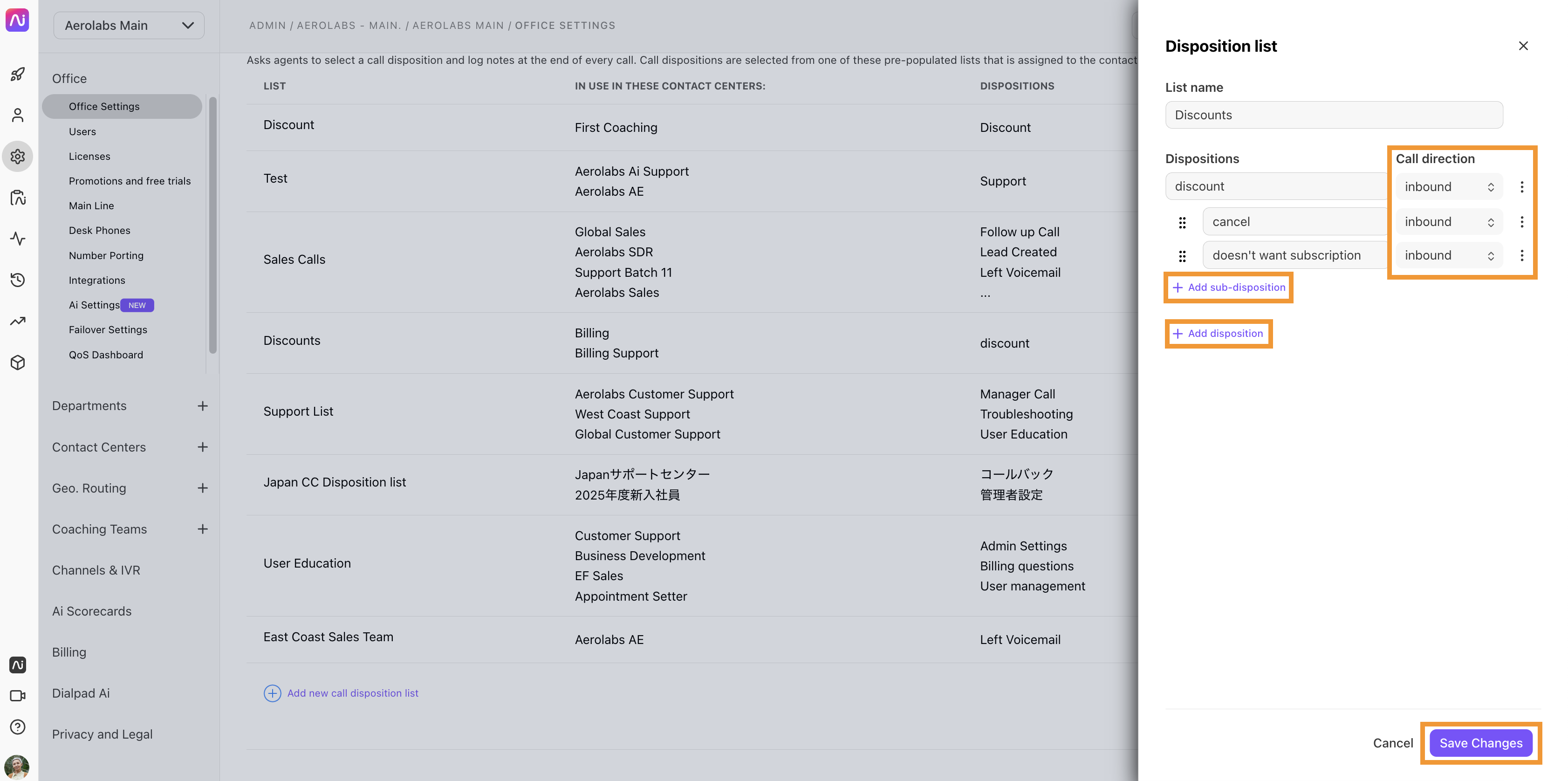 Call disposition settings for managing inbound and outbound call categories and actions.